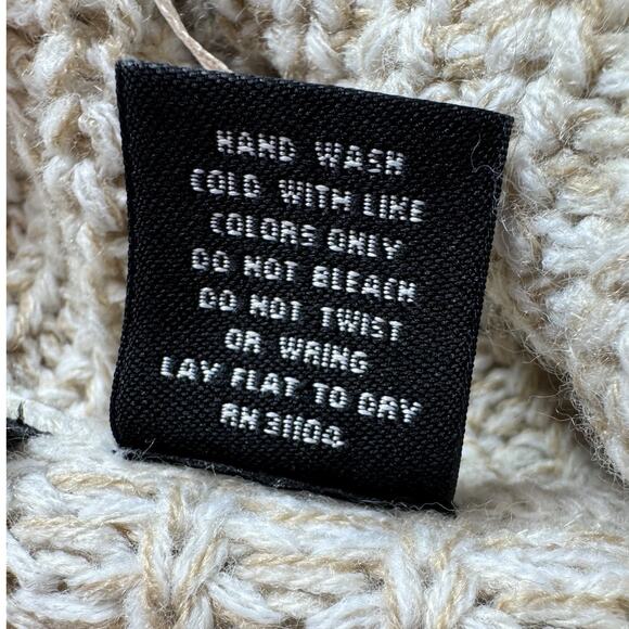 Ivory Marled Sweater L Button Cowl Neck Chunky Cable Knit Detail Oatmeal Cozy - Picture 12 of 14